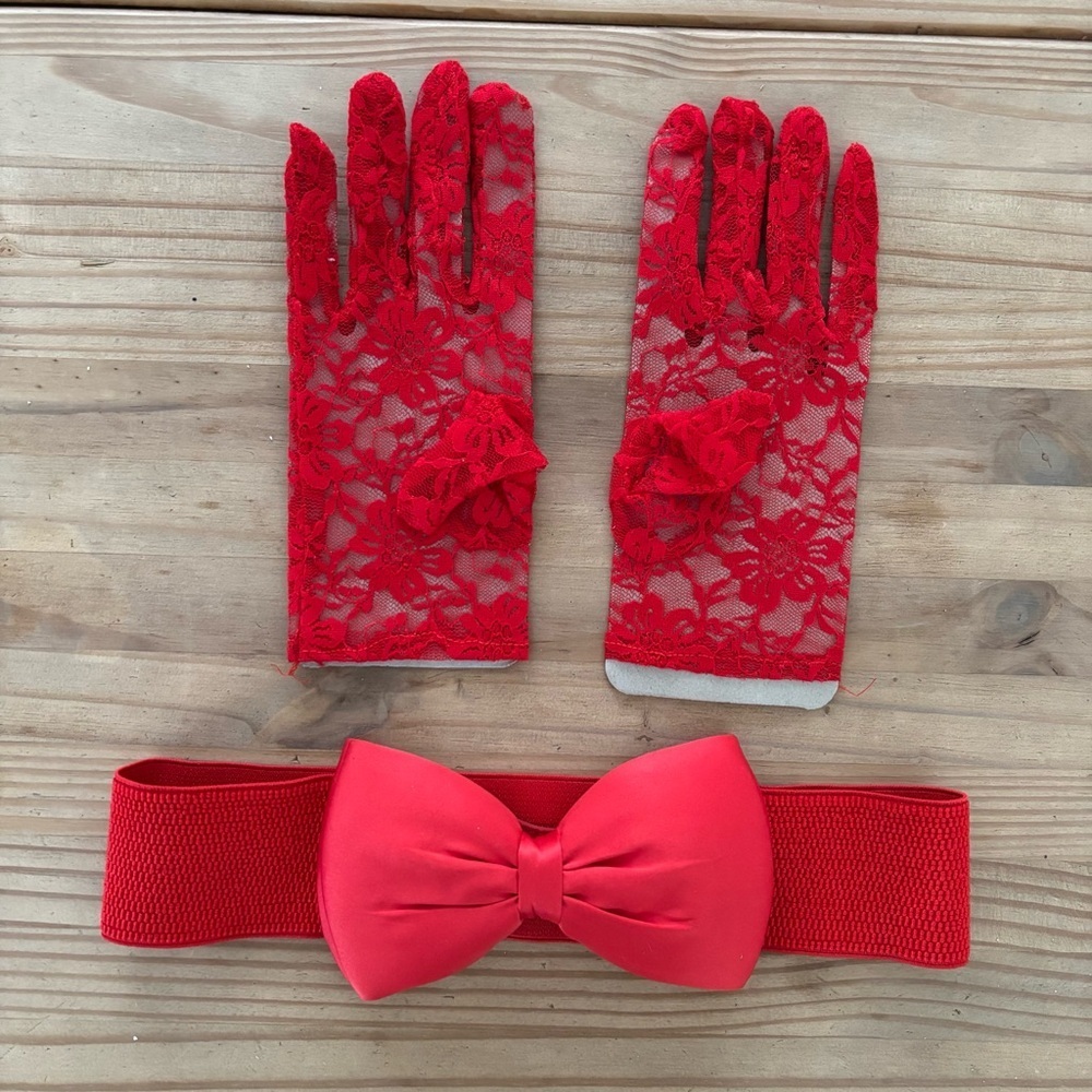 Unbranded Red Bow Belt and Lace Gloves Set OS Excellent Retro Pinup Style